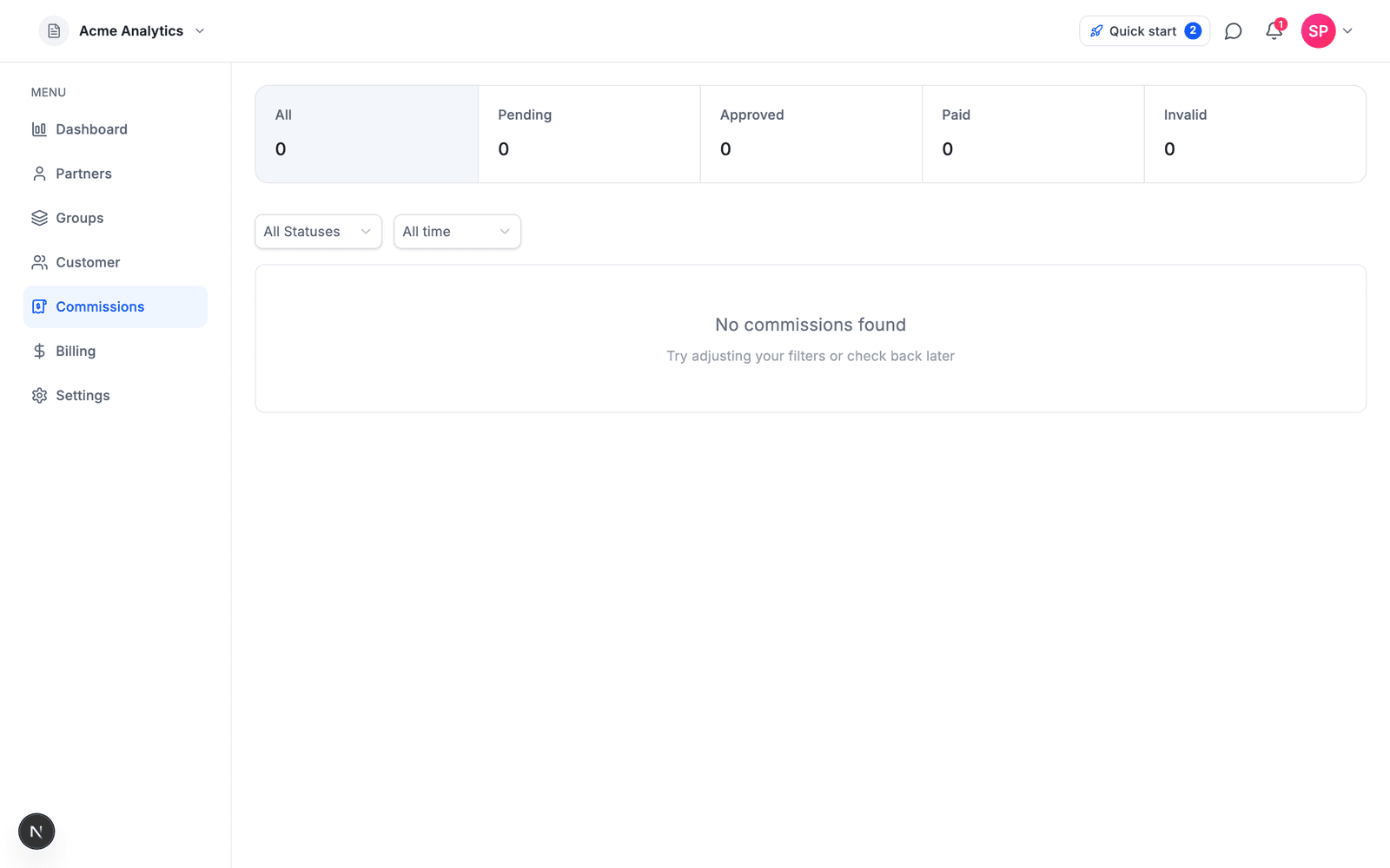 The Commissions page tracks every commission through its lifecycle